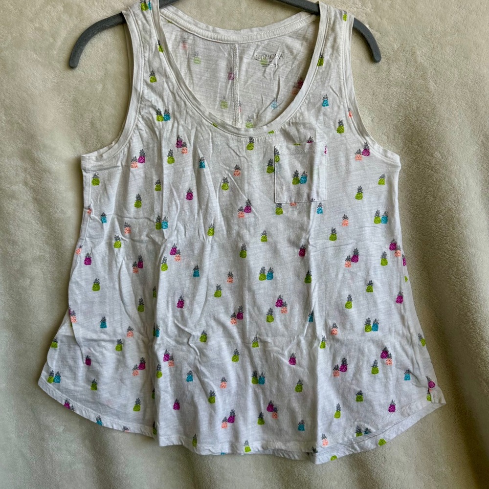 Merona 100% Cotton Pineapple Pocket Tank Top M White Multicolor Summer‎ Beach